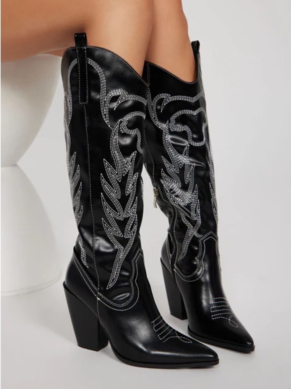 Black Western Embroidered Knee-High Boots